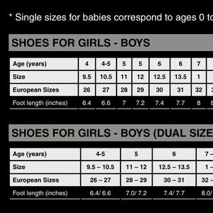 Sizing chart for European sizes